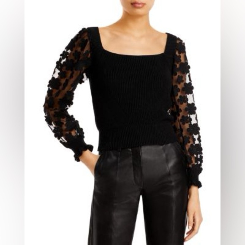NWT FRENCH CONNECTION Juliet Mozart Floral Lace Sleeve Black Sweater Small